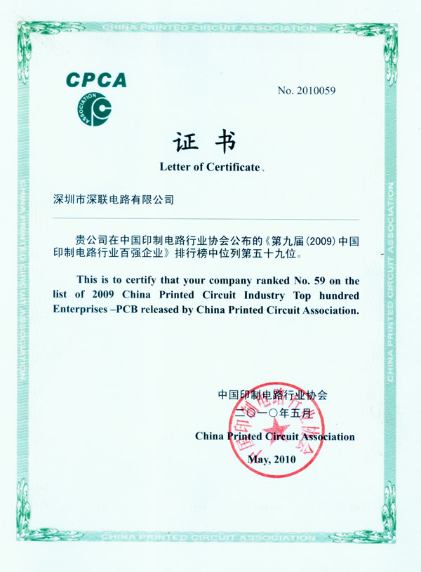 2009年度印制電路行業百強排名（CPCA）-2010